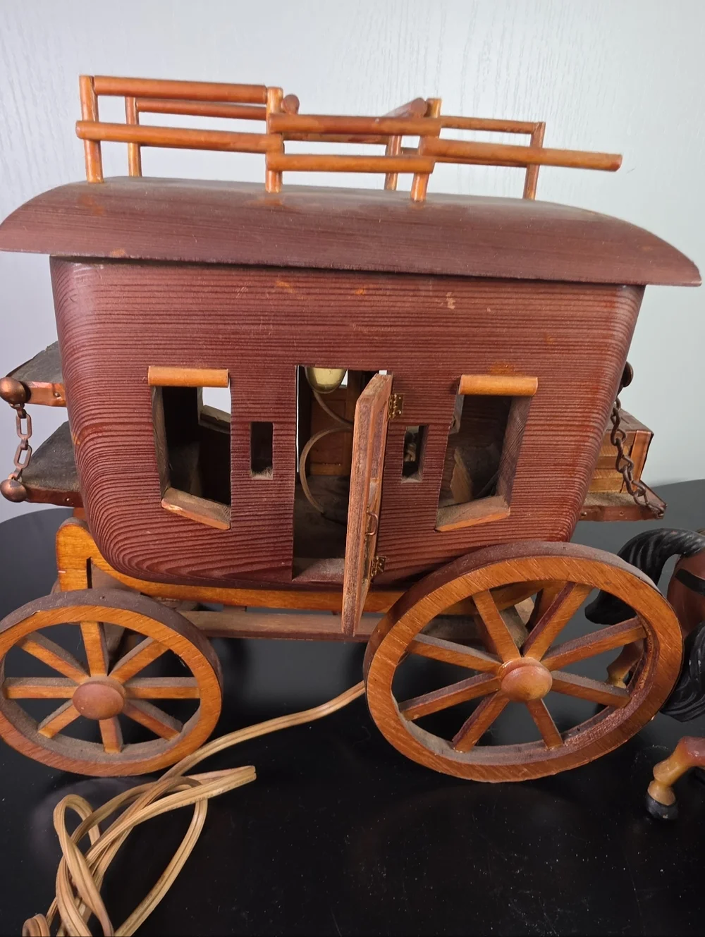 Wooden Stagecoach and Pair of Horses - Brown and Black